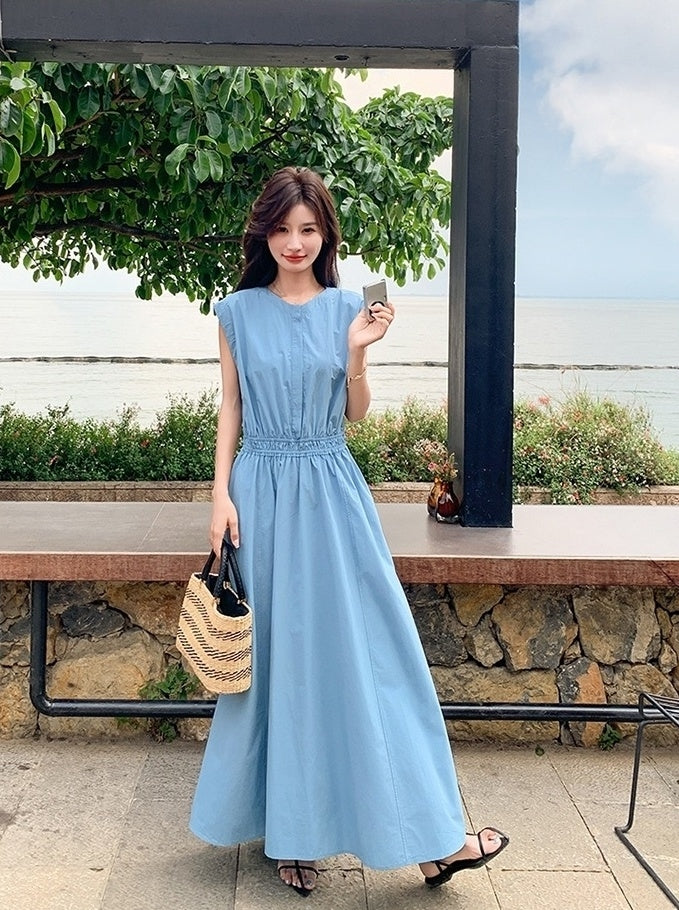 Blue Waist Slimming Vacation Maxi Dress