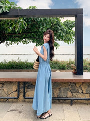 Blue Waist Slimming Vacation Maxi Dress