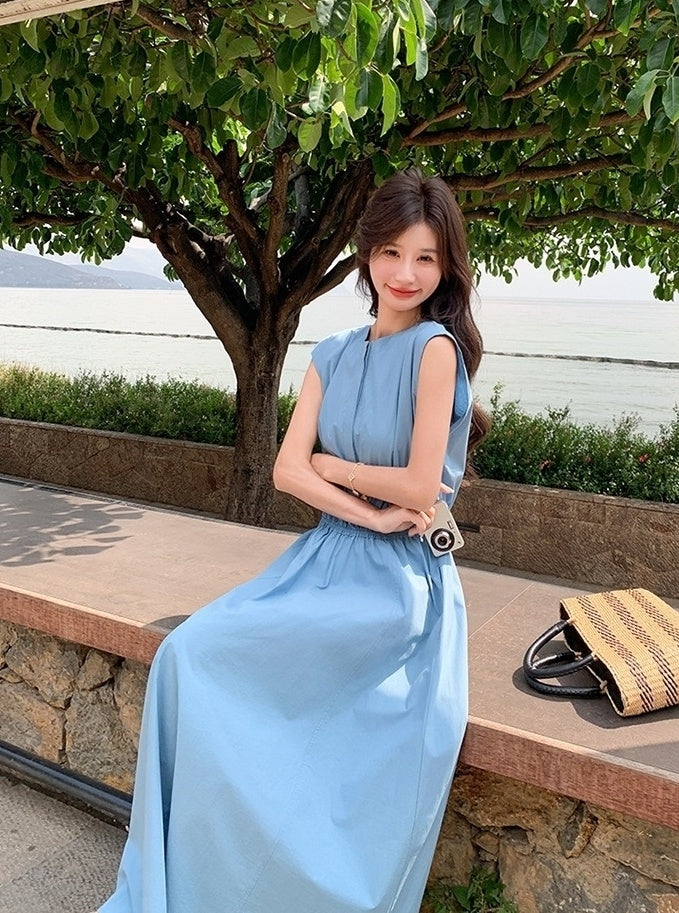 Blue Waist Slimming Vacation Maxi Dress