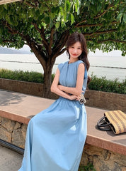 Blue Waist Slimming Vacation Maxi Dress