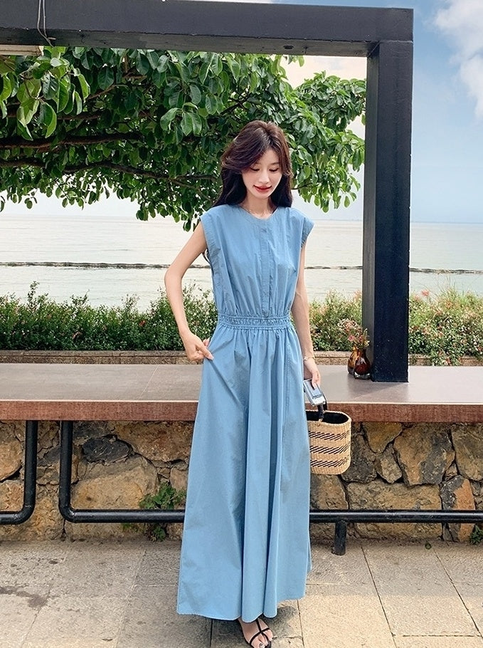Blue Waist Slimming Vacation Maxi Dress