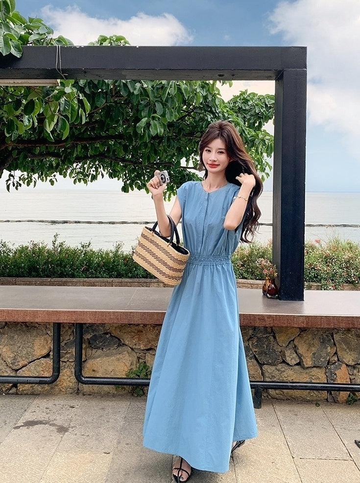 Blue Waist Slimming Vacation Maxi Dress