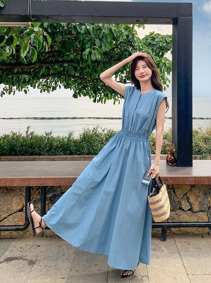Blue Waist Slimming Vacation Maxi Dress
