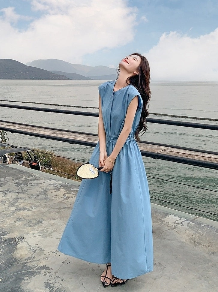 Blue Waist Slimming Vacation Maxi Dress