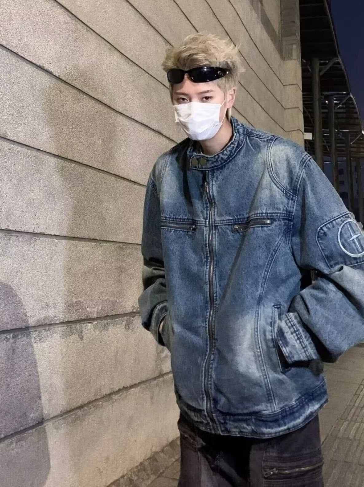 Blue Washed Biker Style Denim Jacket