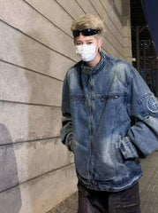 Blue Washed Biker Style Denim Jacket