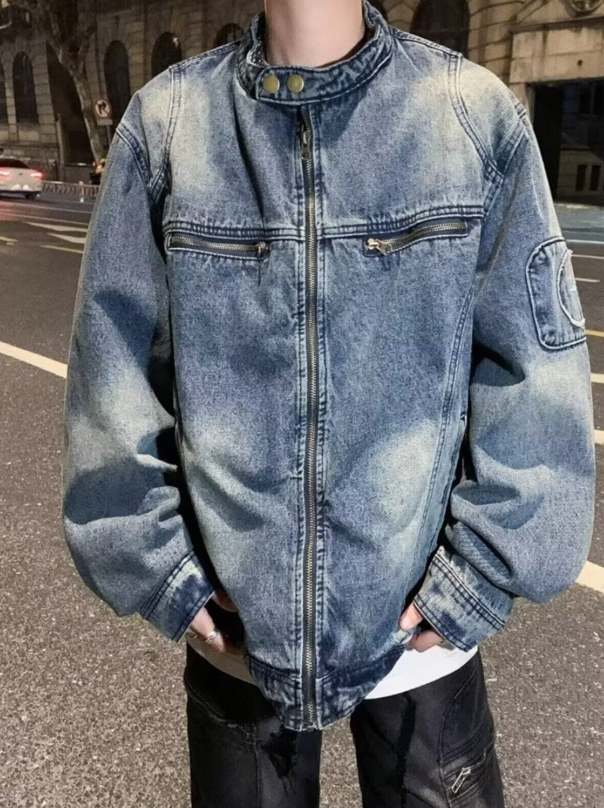 Blue Washed Biker Style Denim Jacket
