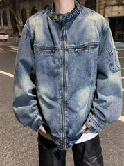 Blue Washed Biker Style Denim Jacket