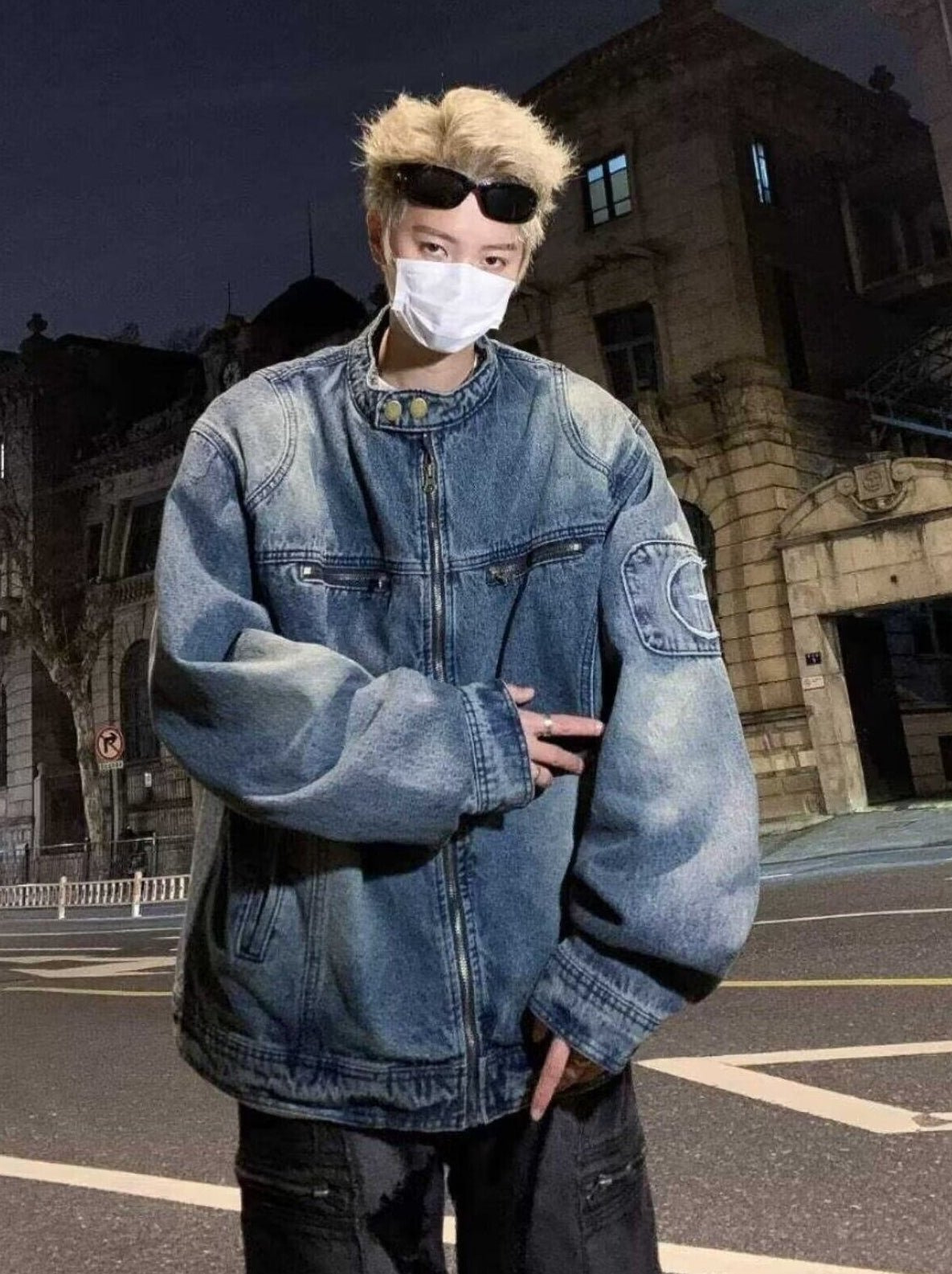 Blue Washed Biker Style Denim Jacket