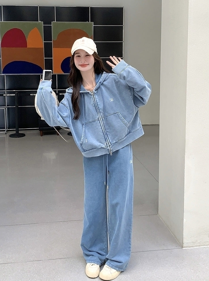 Blue Washed Denim Style Jacket And Pants Set