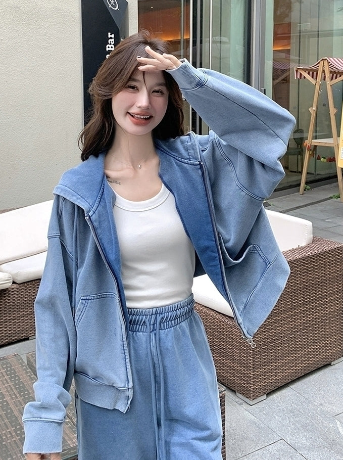 Blue Washed Denim Style Jacket And Pants Set