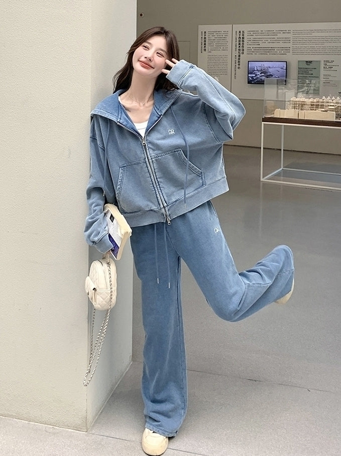 Blue Washed Denim Style Jacket And Pants Set