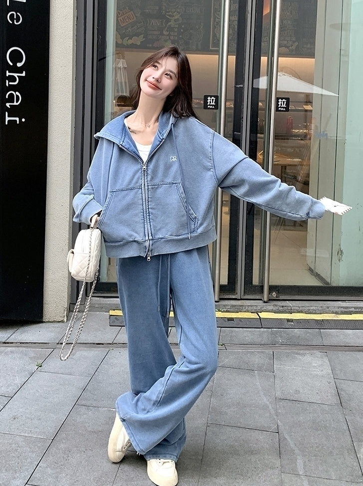 Blue Washed Denim Style Jacket And Pants Set