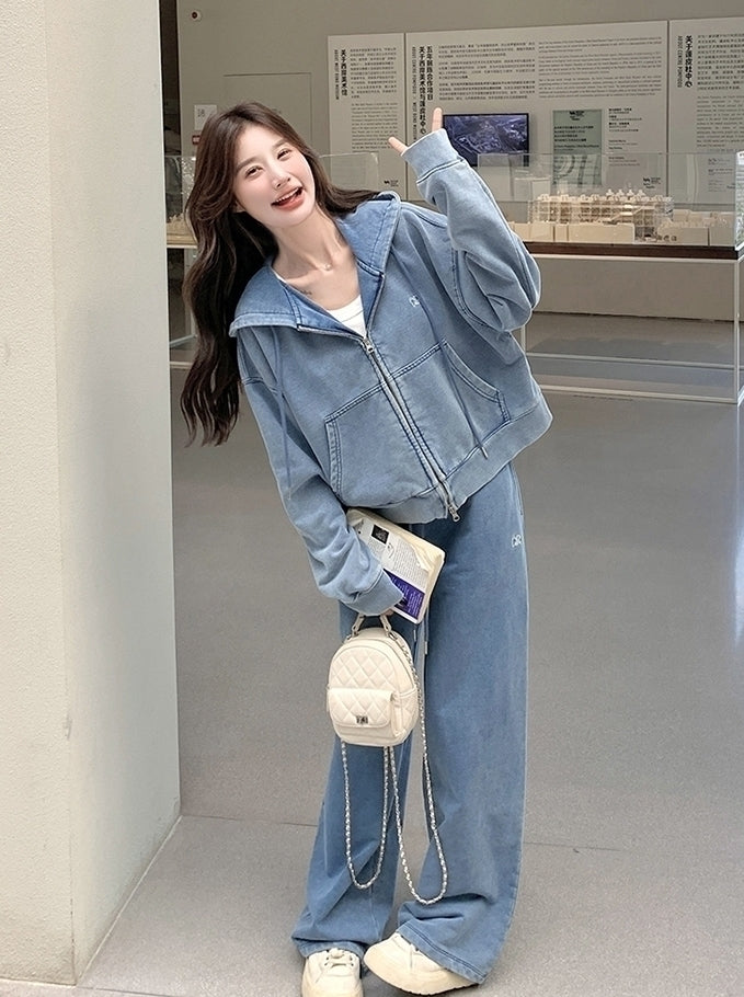 Blue Washed Denim Style Jacket And Pants Set