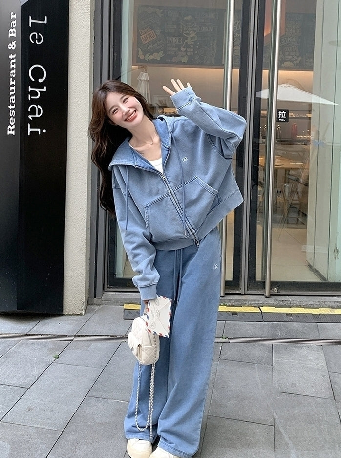 Blue Washed Denim Style Jacket And Pants Set