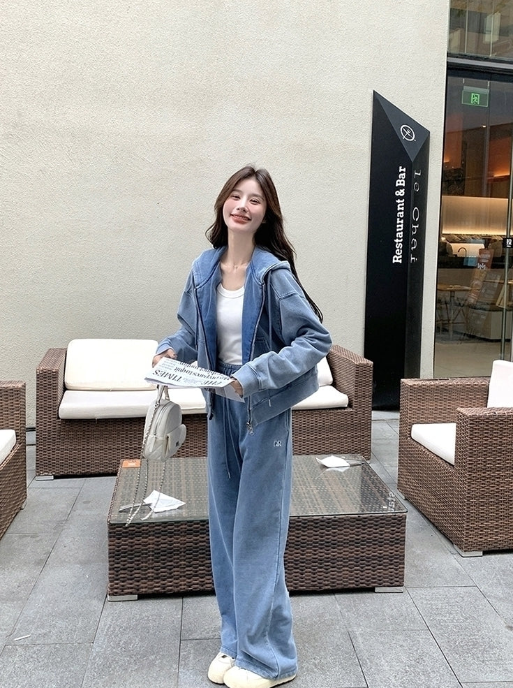 Blue Washed Denim Style Jacket And Pants Set