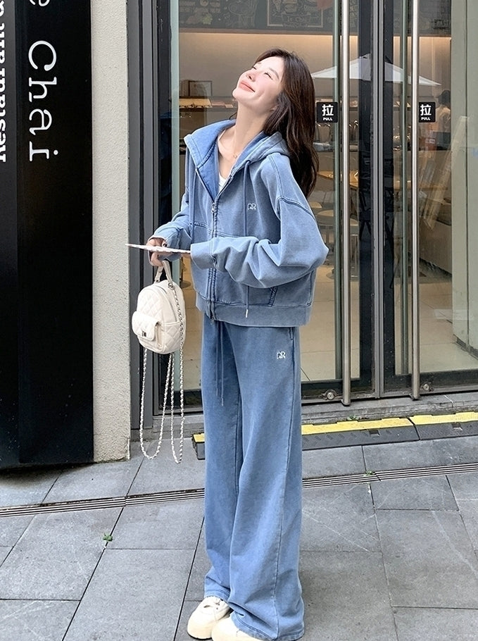 Blue Washed Denim Style Jacket And Pants Set
