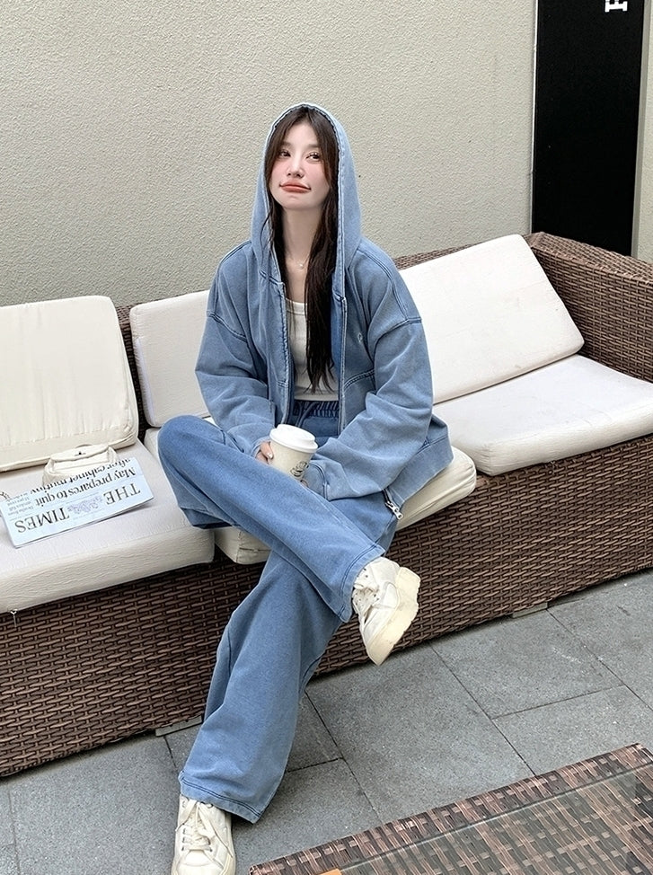 Blue Washed Denim Style Jacket And Pants Set