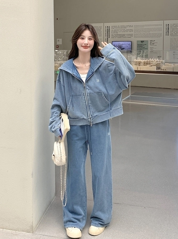 Blue Washed Denim Style Jacket And Pants Set