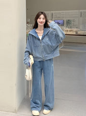 Blue Washed Denim Style Jacket And Pants Set