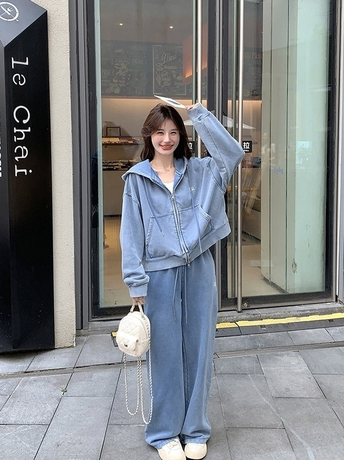 Blue Washed Denim Style Jacket And Pants Set