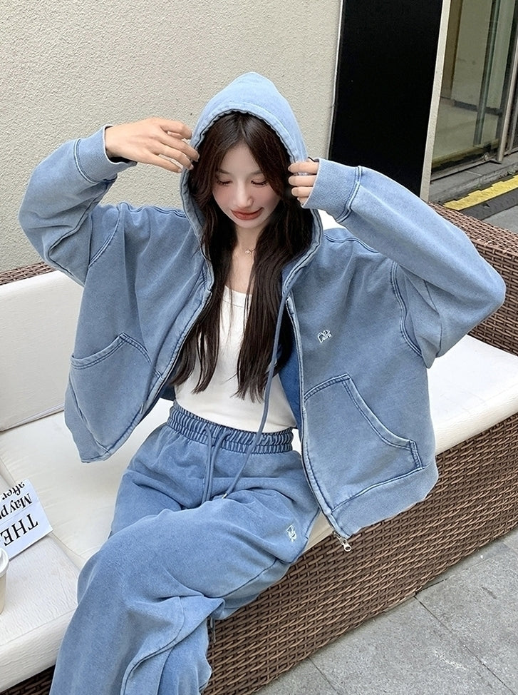 Blue Washed Denim Style Jacket And Pants Set