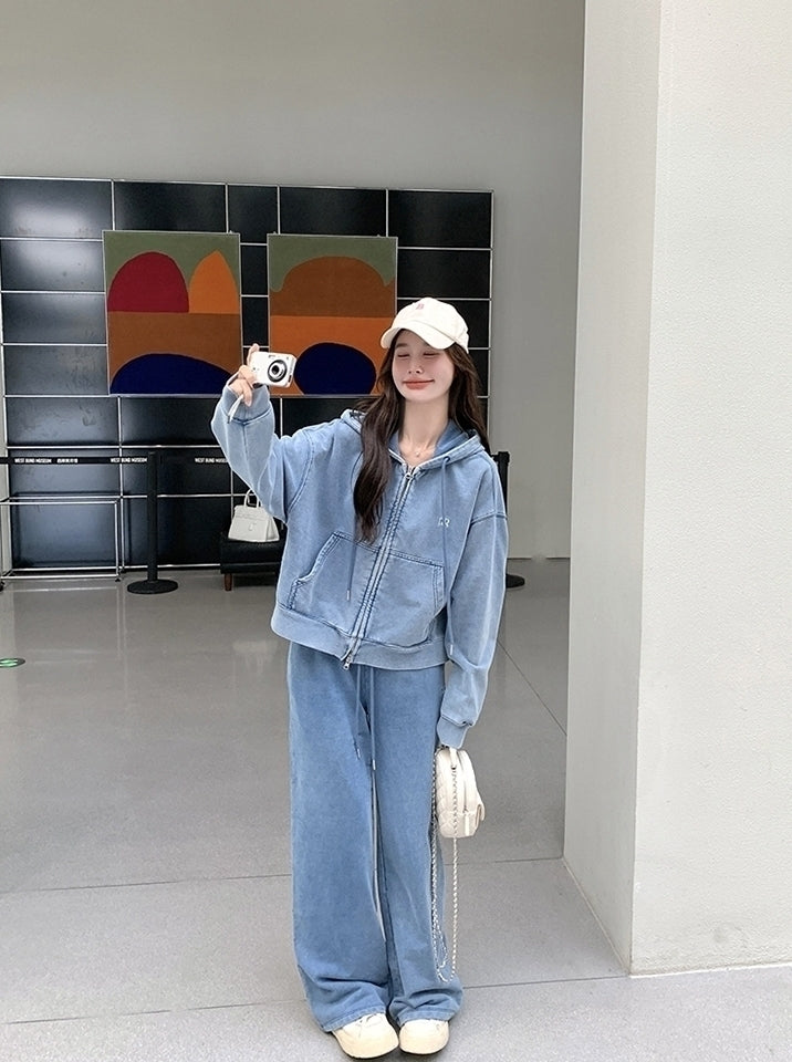 Blue Washed Denim Style Jacket And Pants Set