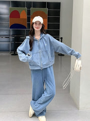 Blue Washed Denim Style Jacket And Pants Set