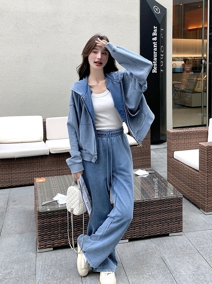 Blue Washed Denim Style Jacket And Pants Set
