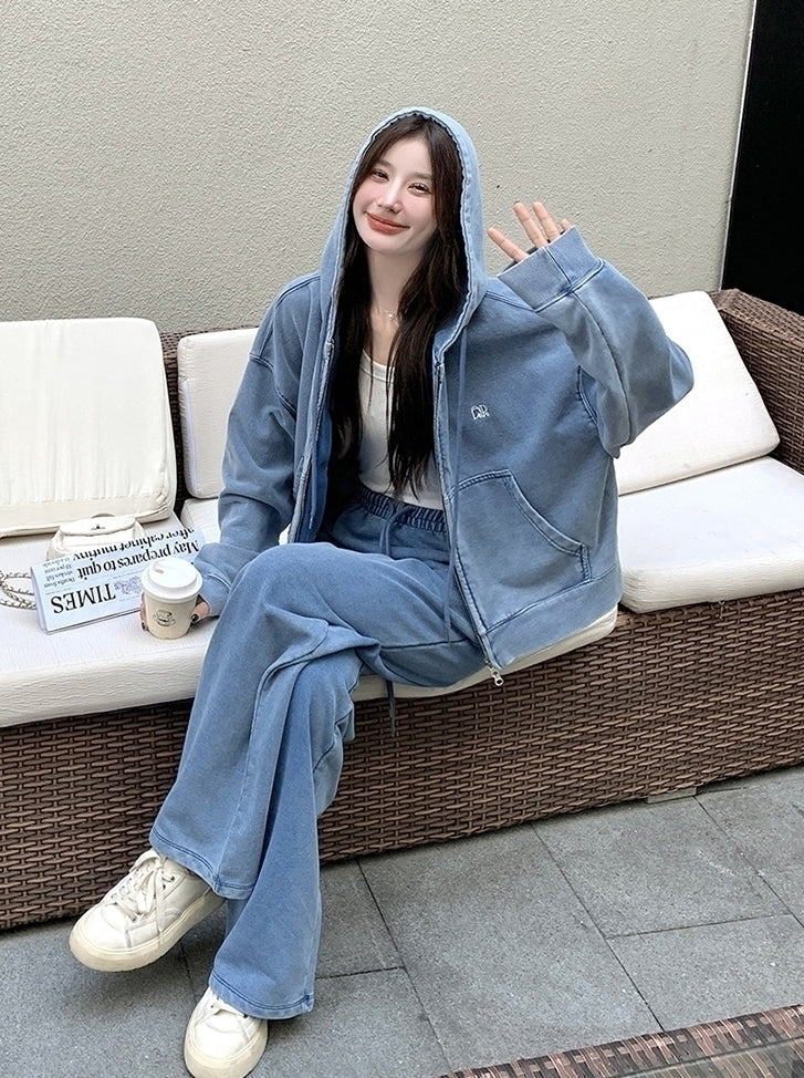 Blue Washed Denim Style Jacket And Pants Set