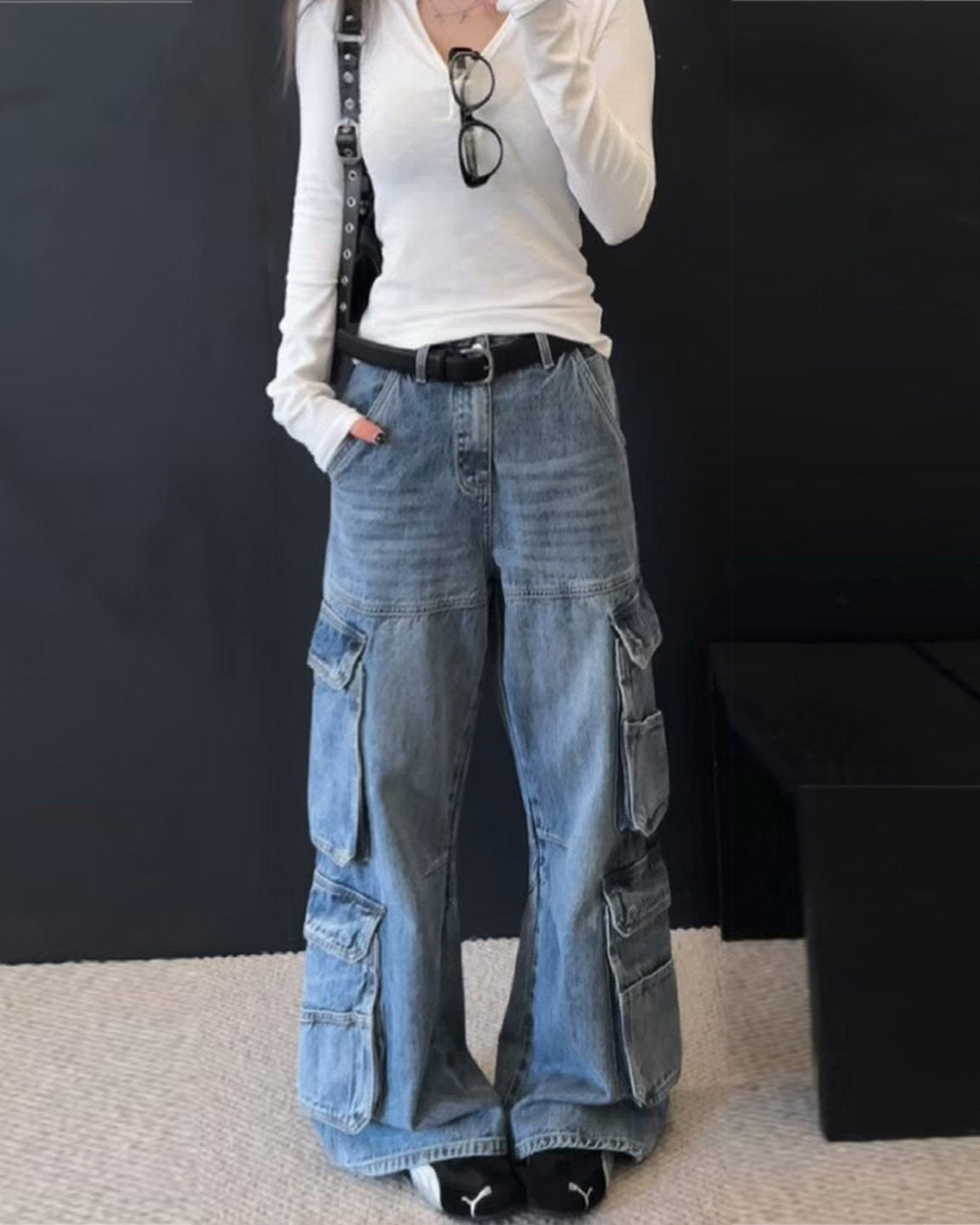 Blue Washed Segmented Cargo Jeans