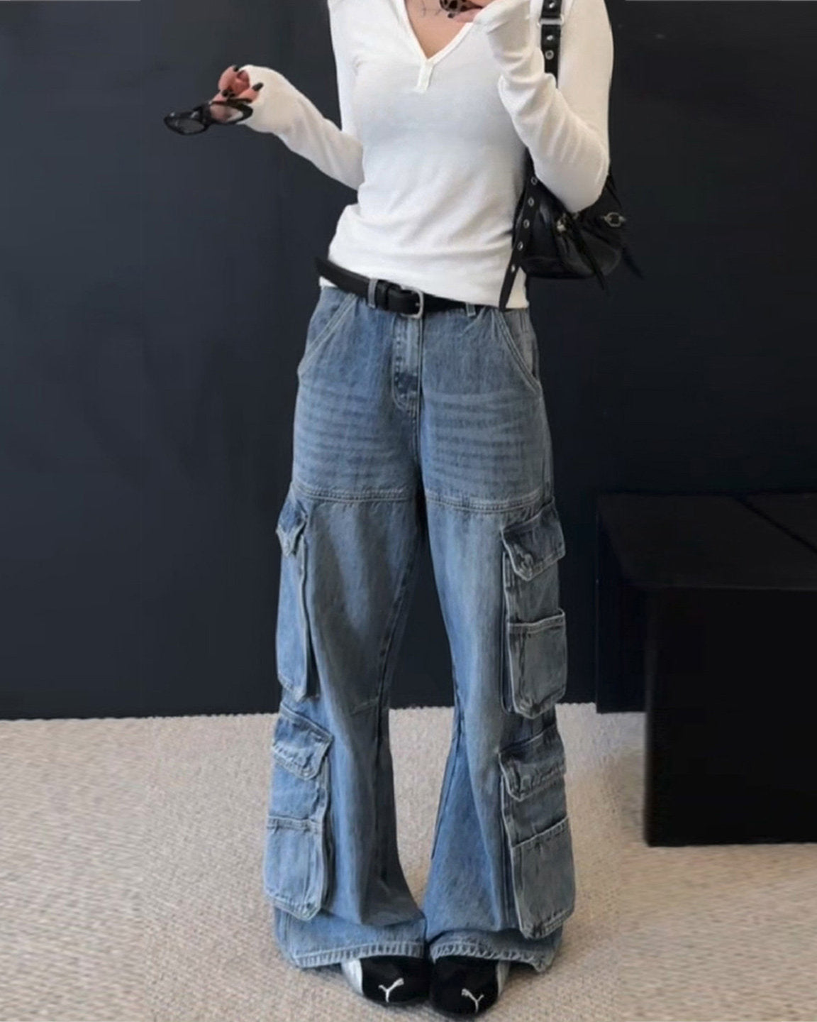 Blue Washed Segmented Cargo Jeans