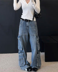 Blue Washed Segmented Cargo Jeans