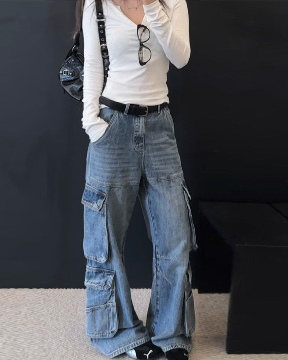 Blue Washed Segmented Cargo Jeans