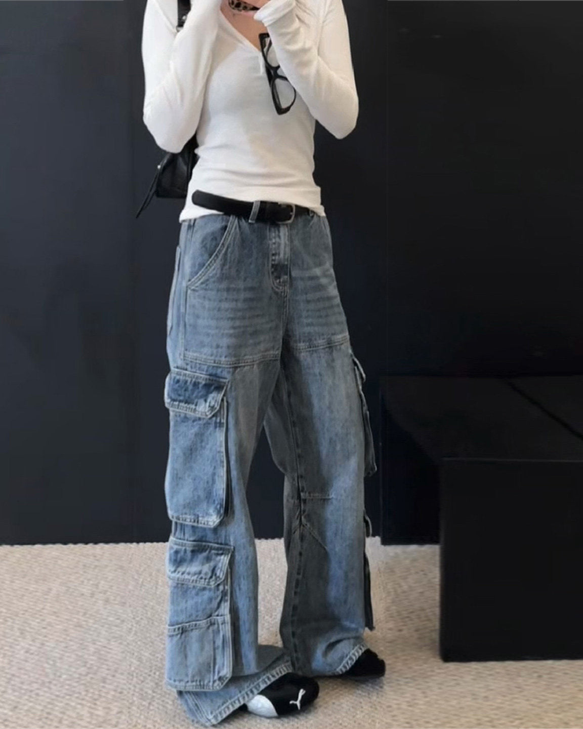 Blue Washed Segmented Cargo Jeans