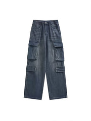 Blue Washed Stripes Wide Leg Cargo Jeans