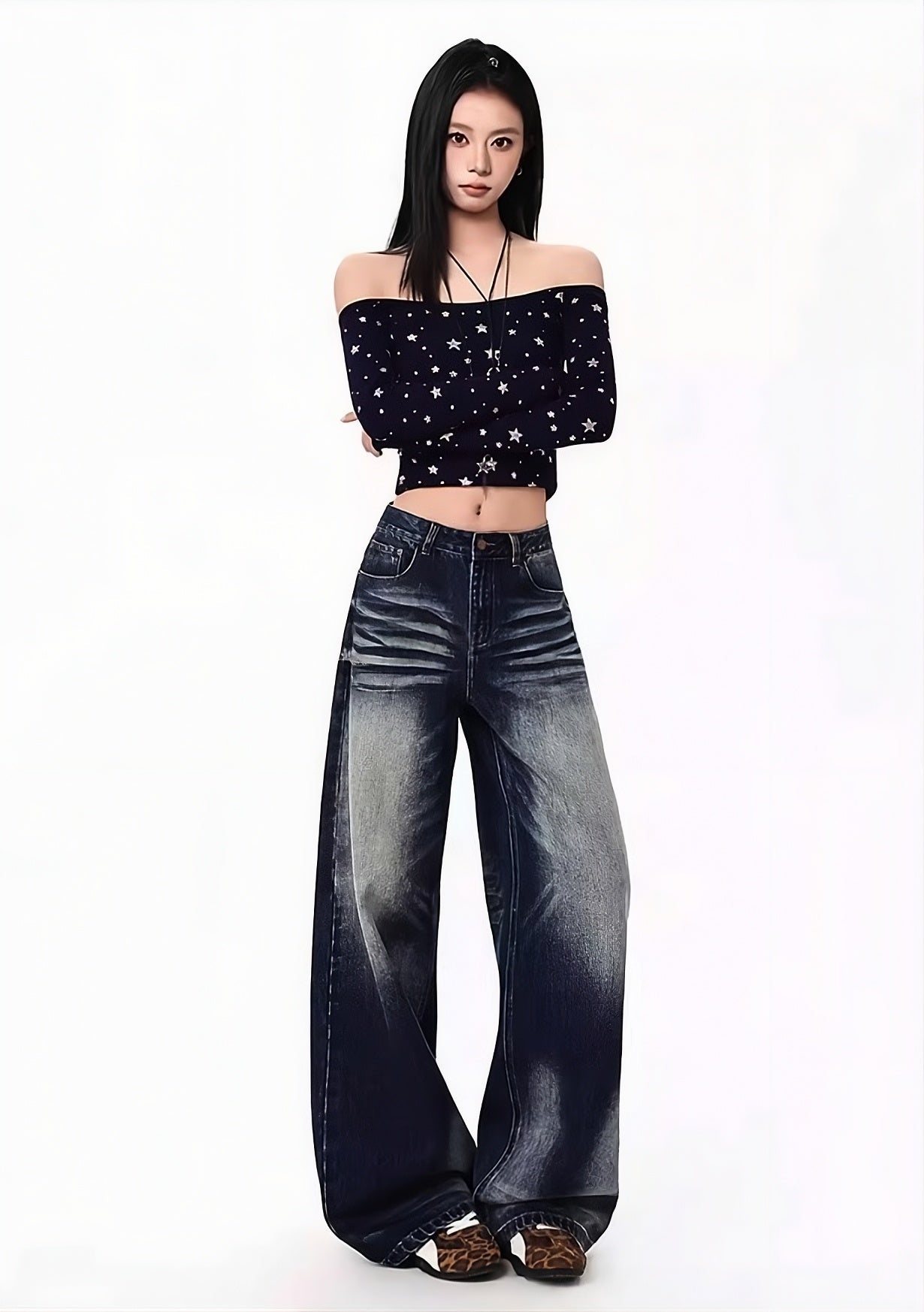 Blue Washed Wide Leg Jeans