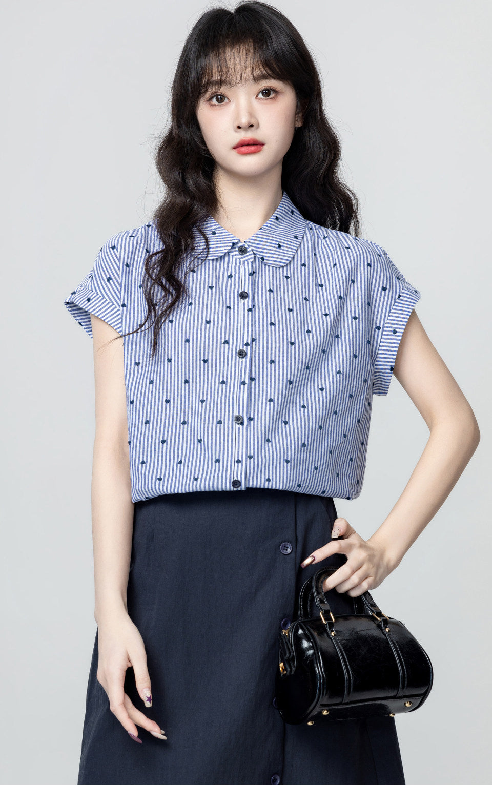 Blue White Striped Doll Collar Short Sleeve Shirt