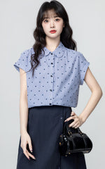 Blue White Striped Doll Collar Short Sleeve Shirt