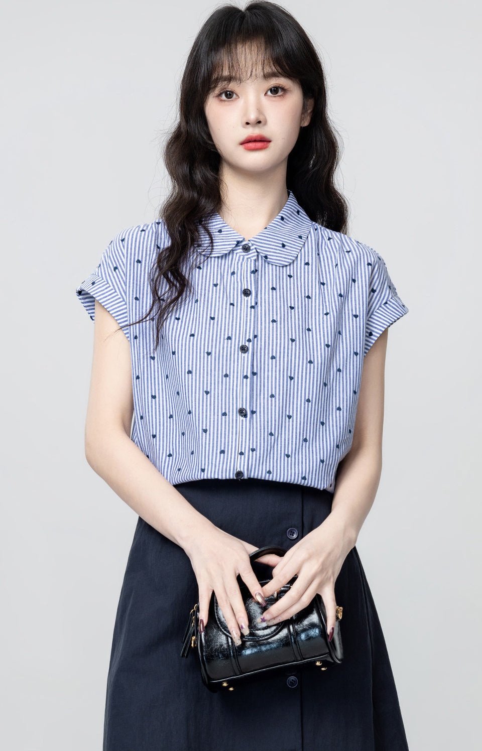 Blue White Striped Doll Collar Short Sleeve Shirt