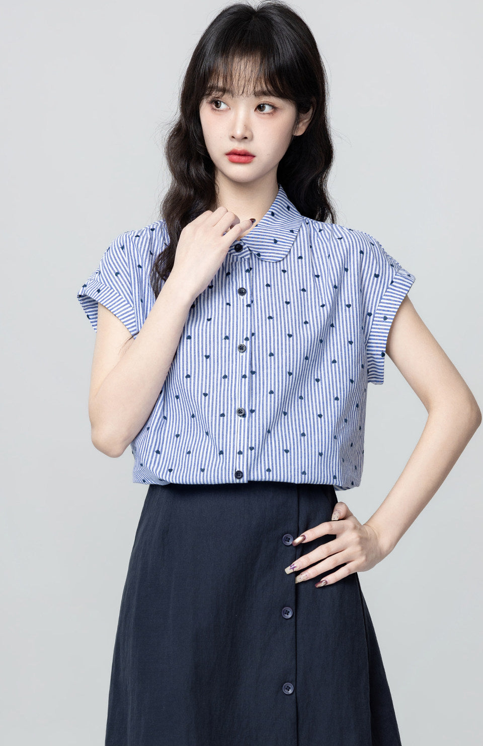 Blue White Striped Doll Collar Short Sleeve Shirt
