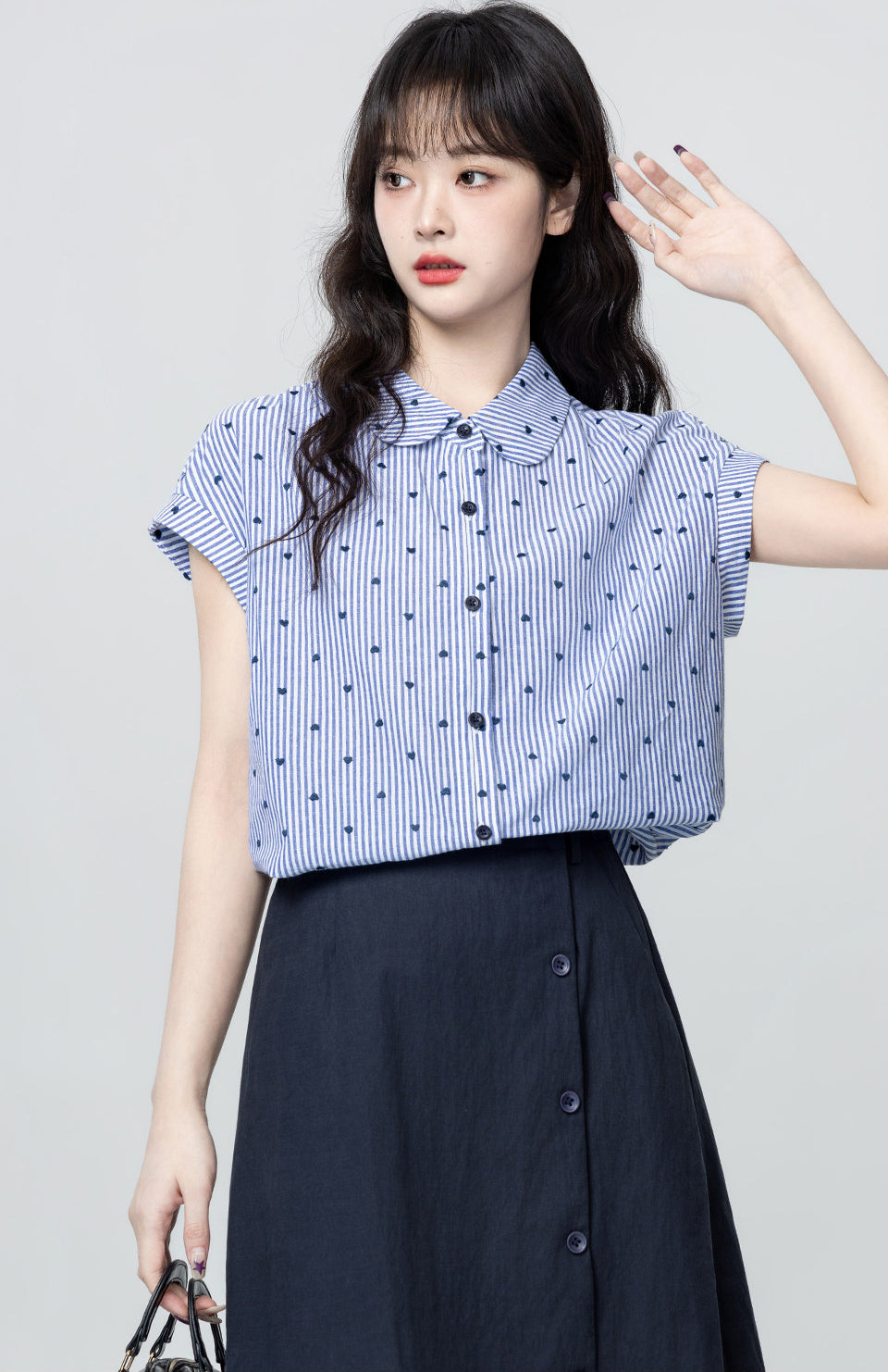 Blue White Striped Doll Collar Short Sleeve Shirt