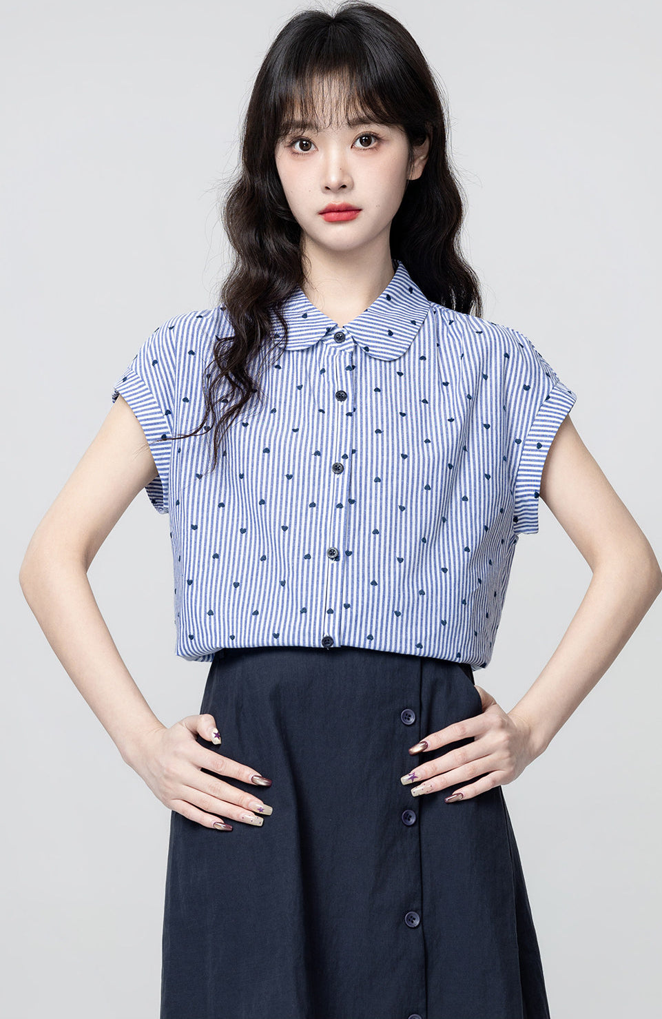 Blue White Striped Doll Collar Short Sleeve Shirt