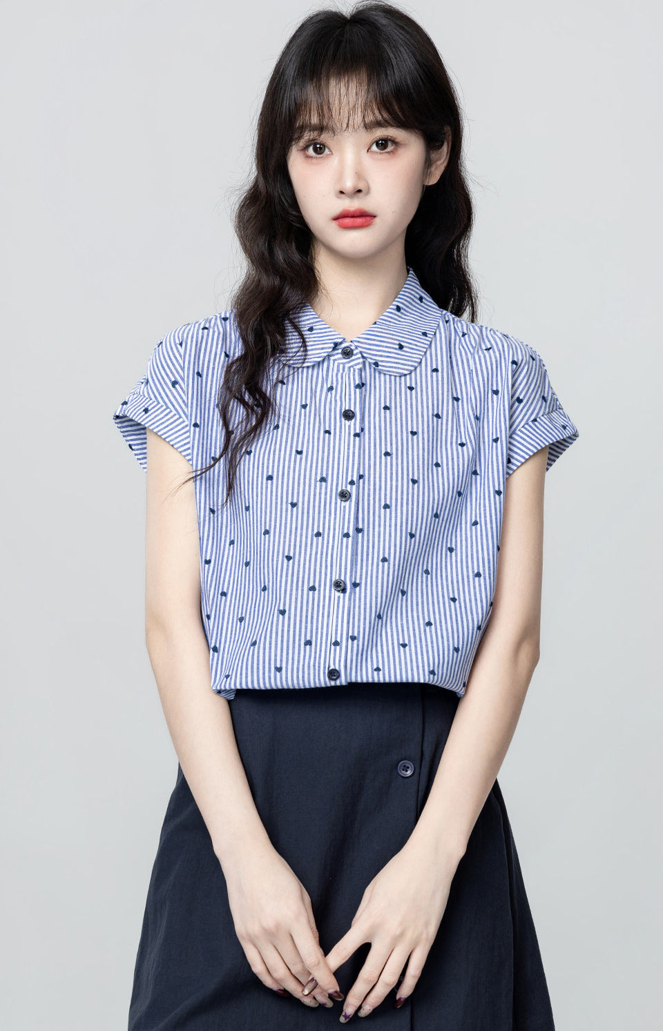Blue White Striped Doll Collar Short Sleeve Shirt