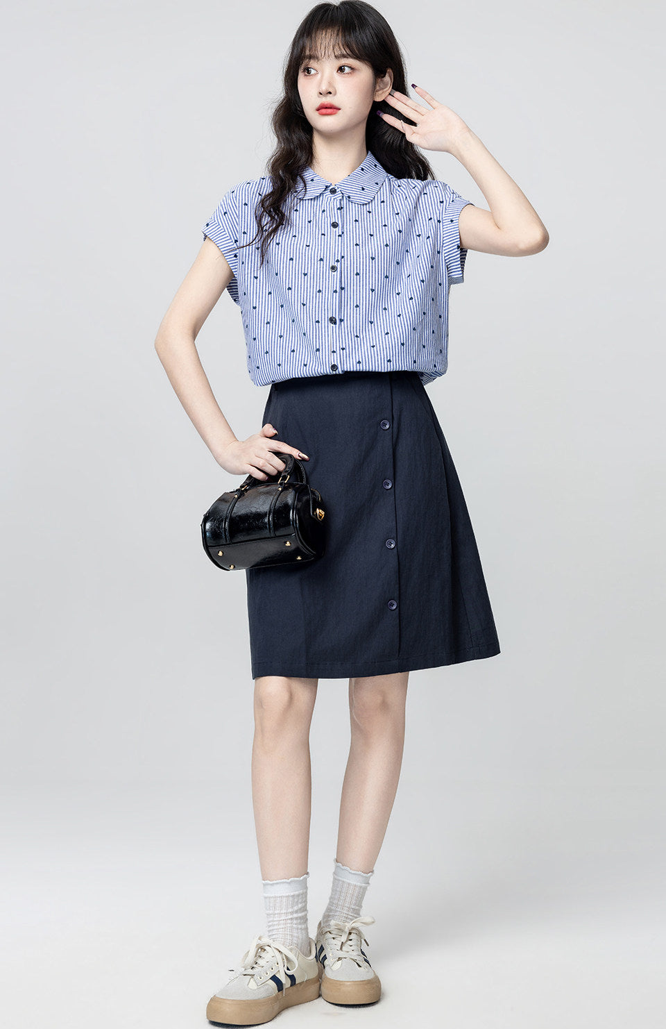 Blue White Striped Doll Collar Short Sleeve Shirt