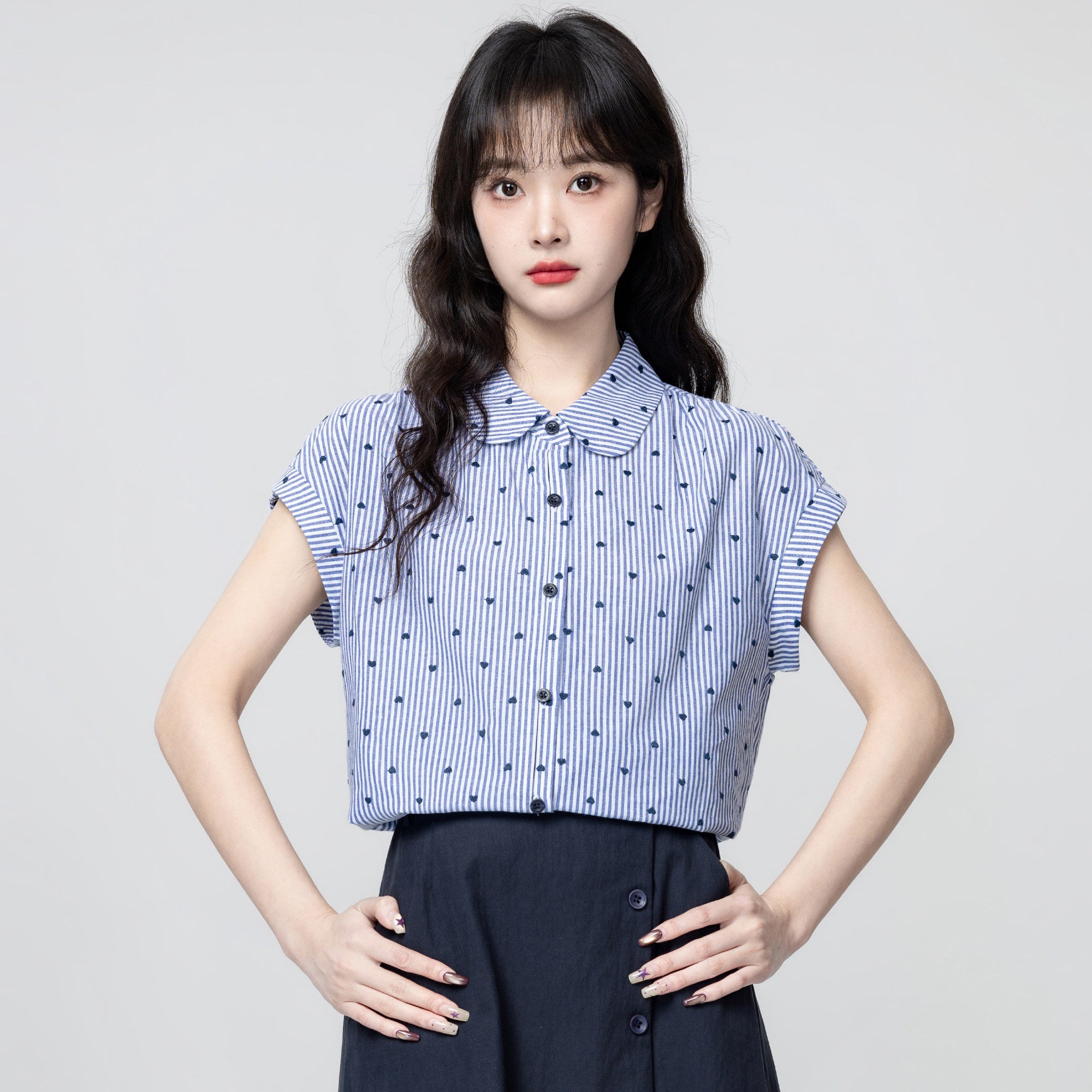 Blue White Striped Doll Collar Short Sleeve Shirt