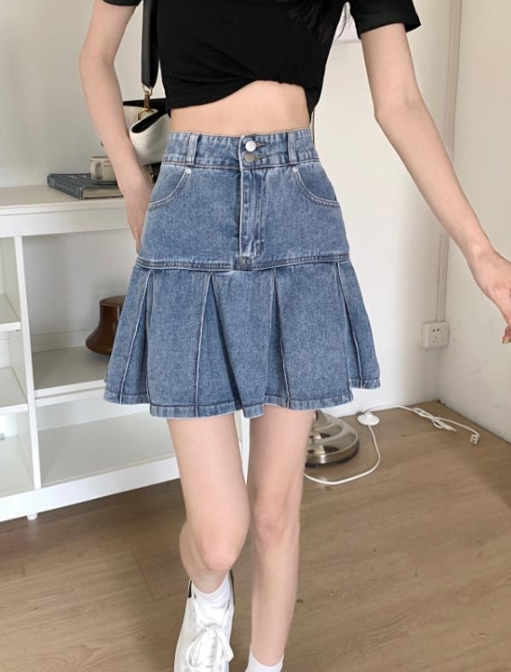 Blue Wide-Pleated Denim Skirt