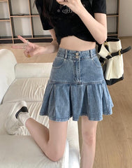 Blue Wide-Pleated Denim Skirt