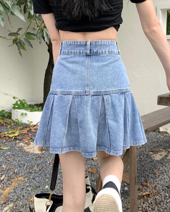 Blue Wide-Pleated Denim Skirt
