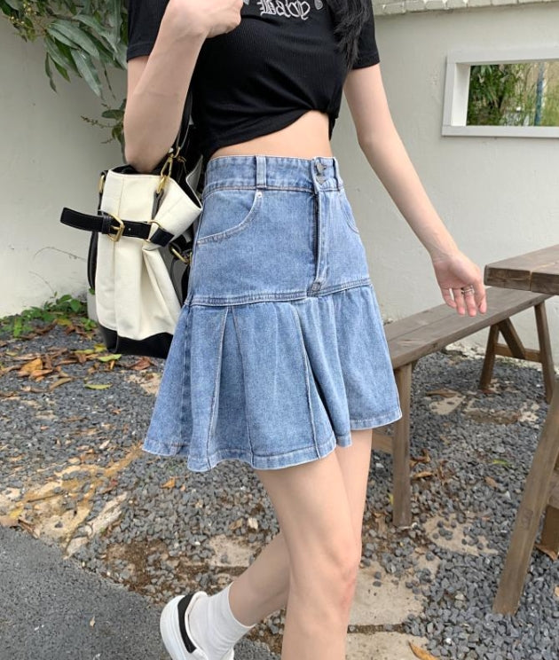 Blue Wide-Pleated Denim Skirt